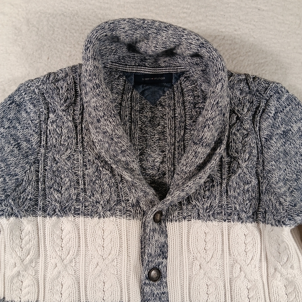 Tommy Hilfiger Sweater Mens Large Shawl Neck Cardigan Chunky Knit HeavyWeight - Picture 4 of 11